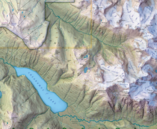 Load image into Gallery viewer, Topographic map of a mountainous region with labeled features
