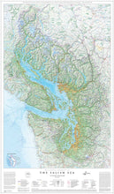 Load image into Gallery viewer, A detailed wall map of the Salish Sea bioregion, featuring various shades and tones, printed on heavy photographic paper.
